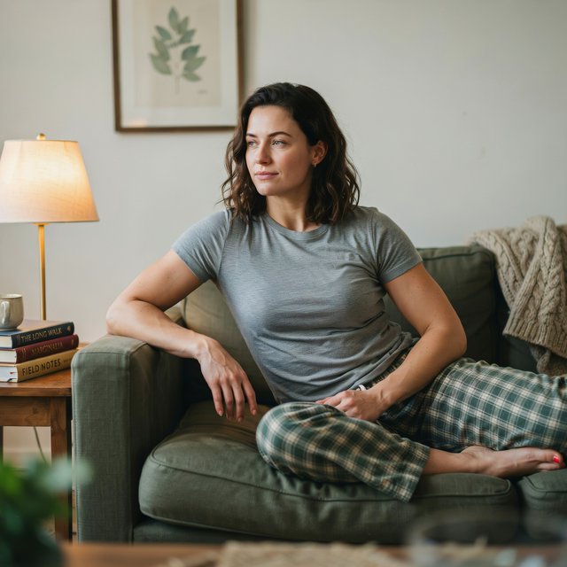 A 28-year-old, 6-foot-tall woman with wavy brunette hair falling just past her shoulders, olive skin, an oval face with soft angular cheekbones, and striking deep green eyes. She has a hyper-muscular, athletic physique built from intense heavy weightlifting and CrossFit — broad shoulders, defined arms, a strong back, and visible core and leg muscle definition — giving her a powerful, statuesque build. Her expression is relaxed and at ease. She lounges comfortably on a couch in her living room, wearing a soft fitted t-shirt and plaid pajama pants, barefoot with red-painted toenails. Warm evening lamp light, cozy lived-in living room background with a throw blanket and a few books on a side table, soft natural shadows, skin texture. — Ideogram v4