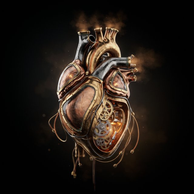A beautifully intricate mechanical heart floating alone in deep darkness, designed like an exquisite piece of horological sculpture. Its polished brass, copper, and dark steel chambers are partially open, revealing layers of tiny interlocking gears, delicate springs, pistons, and precision mechanisms within. Sections of crystal-clear glass expose deeper workings, while slender tubes carry a faintly glowing fluid through the heart like an artificial bloodstream. Tiny gears turn and pistons move, suggesting that the heart is genuinely functioning. Fine mechanical filaments curl outward like veins and arteries, catching subtle highlights from the warm inner glow. Elegant steampunk aesthetic, dramatic cinematic lighting, rich metallic textures, intricate reflections, mysterious atmosphere. — Ideogram v4