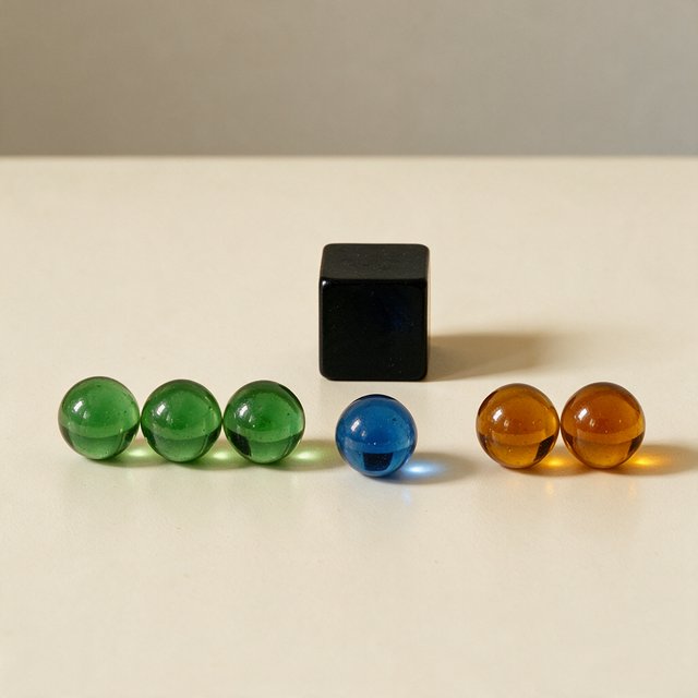 Exactly six glass marbles sit on a cream tabletop: three green marbles in a row on the left, two amber marbles in a row on the right, and one blue marble centered between the rows. A black cube sits above the blue marble, nothing else. — Seedream 5.0 Pro