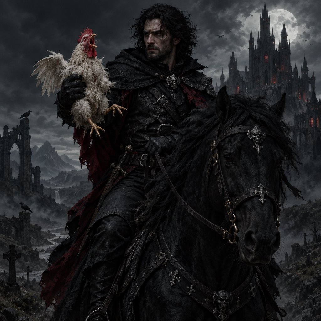 A man riding a horse, holding a screaming chicken, in dark gothic fantasy. — GPT Image 2.5 Flare