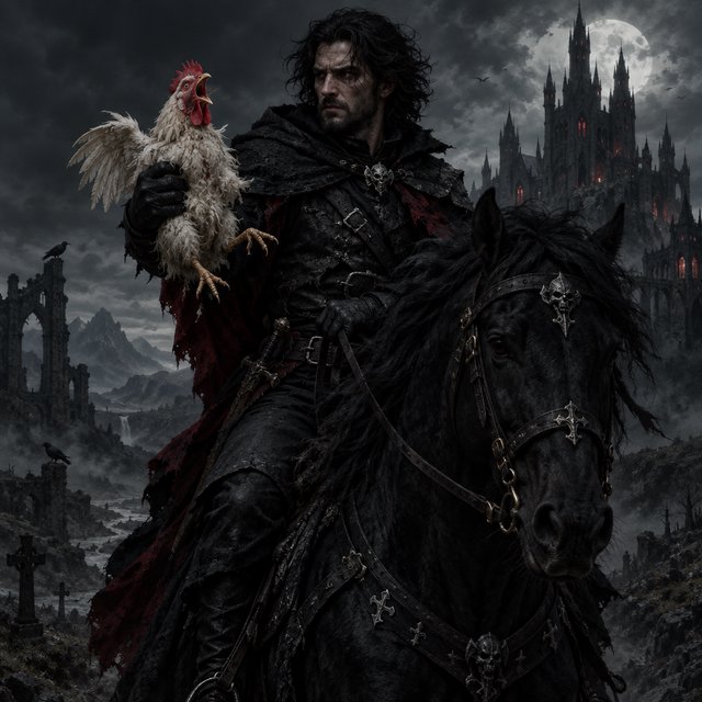 A man riding a horse, holding a screaming chicken, in dark gothic fantasy. — Model 2
