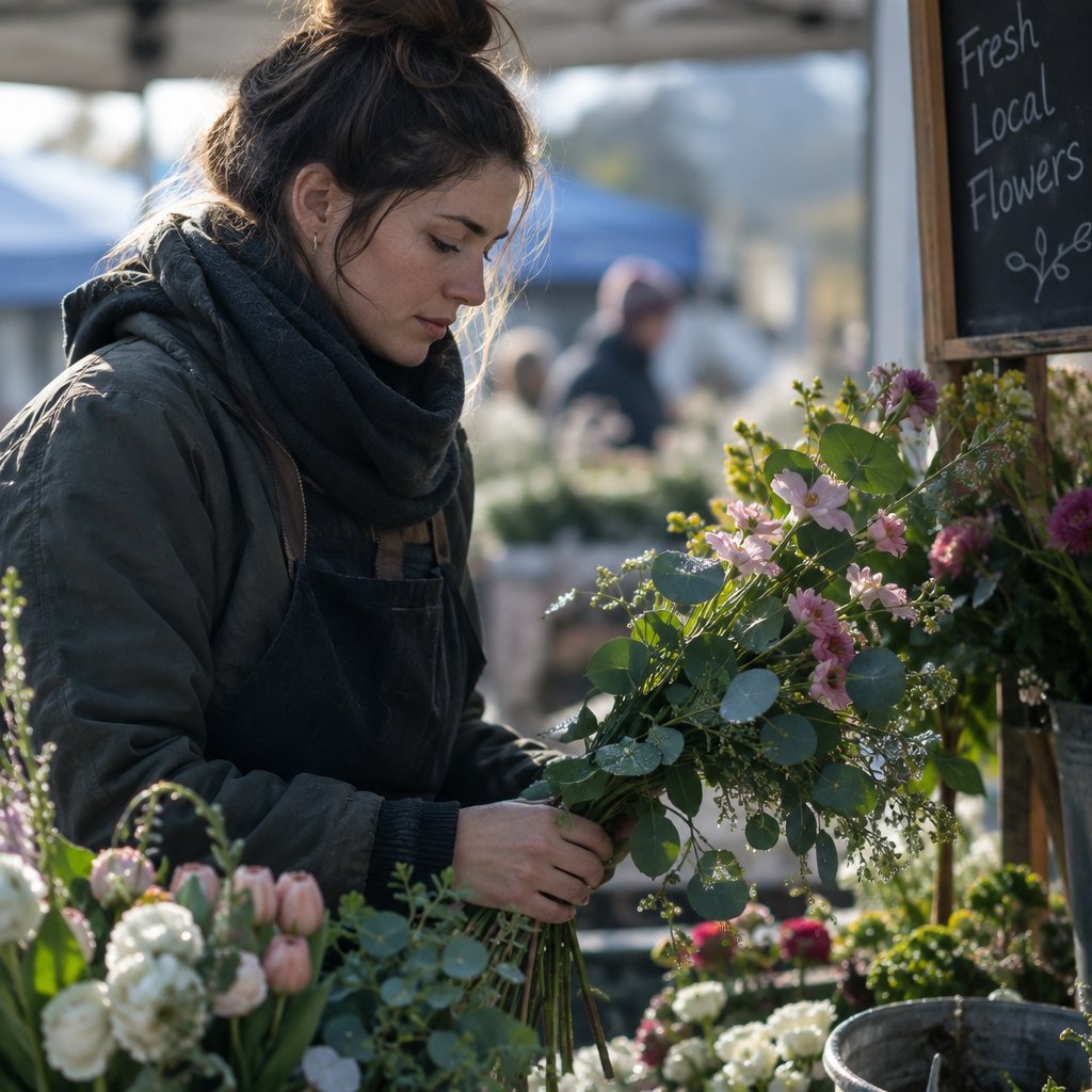 Candid documentary photograph of an adult florist arranging loose stems at an outdoor market stall, soft early-morning side light, 50mm lens with shallow depth of field, tiny water droplets beading on the cut leaves. — GPT Image 2.5 Flare