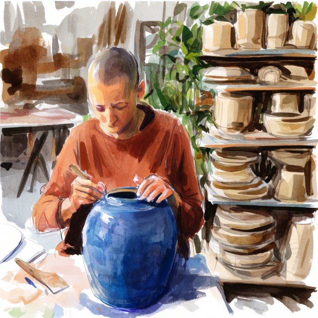 Watercolour illustration of an adult ceramicist shaping a blue-glazed vessel in a sunlit workshop, shelves of unfinished pottery and leafy plants softened by loose brushwork. Palette of terracotta, indigo, warm cream, and sage. — Krea 2 Large