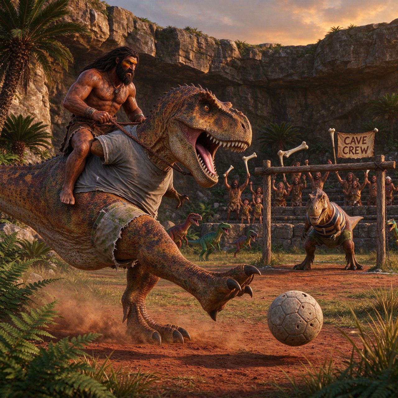 Wide shot of a golden-hour prehistoric football match, photorealistic, cinematic. A weathered, muscular adult caveman with ochre face paint sits upright on a plump medium T-Rex's back, gripping a braided leather leash. The mounted T-Rex strains mid-kick, wearing a tiny faded grey cotton T-shirt riding up over its scaled shoulders and frayed athletic shorts bunched at its hips, one massive clawed foot cocked back behind a pockmarked 3ft stone football. A weathered timber goalpost stands 20 yards ahead; the opposing T-Rex goalie hunches ready in a sleeveless striped jersey #1 and grass-stained shorts, claws dug into dusty red earth. Sunlit bleachers line the natural rock arena: cheering adult cave families wave bone flags, assorted small dinosaurs bounce and roar along the sidelines, warm late-afternoon light gilds fern fronds and dinosaur scales, soft long shadows stretch across the playing field, playful triumphant atmosphere, sharp focus on the kicking T-Rex, shallow depth of field on spectators. — Seedream 5.0 Flash