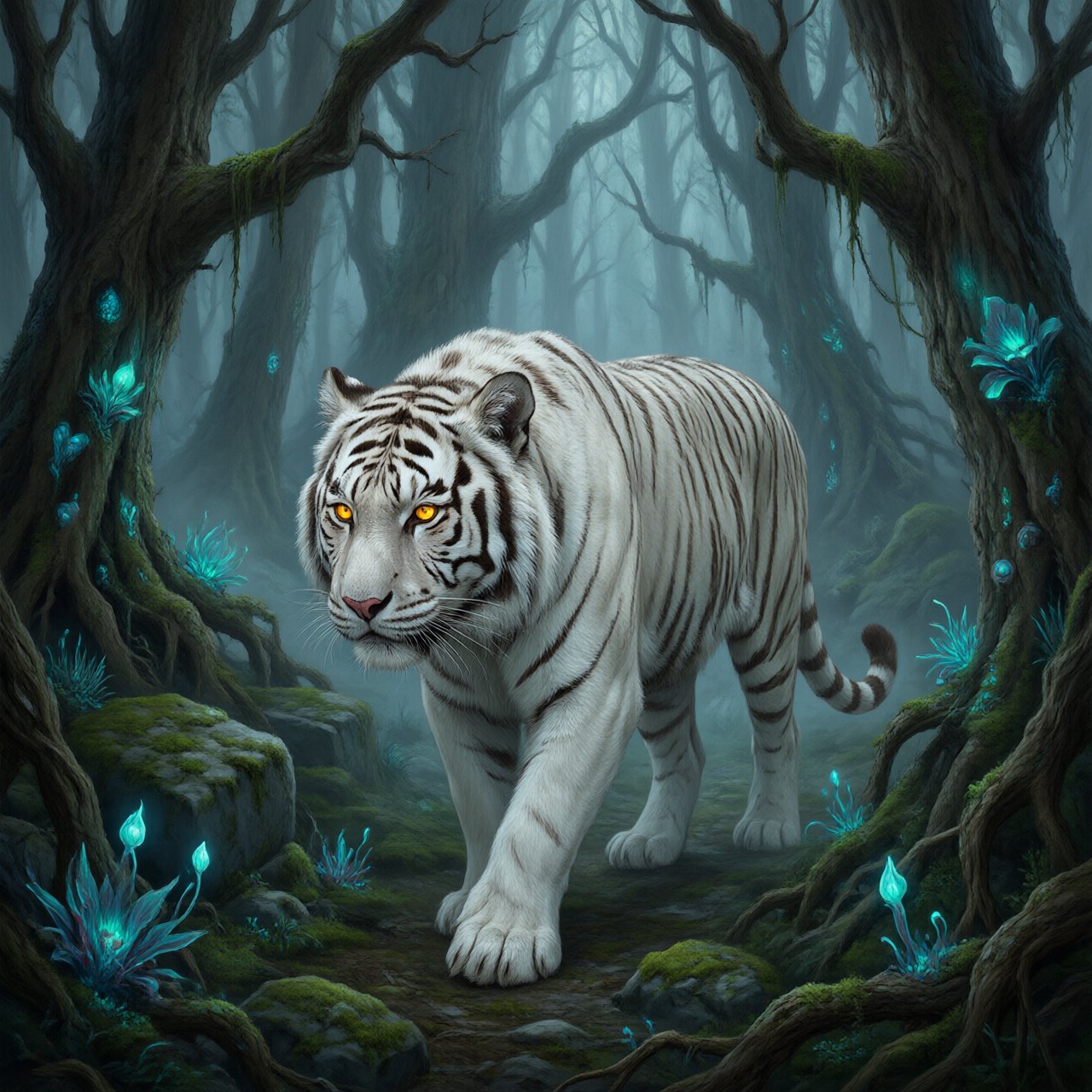 A majestic white tiger with eyes like molten gold, walking through a misty, ancient forest. Strange, bioluminescent flora casts an ethereal glow on the gnarled trees and moss-covered stones. The atmosphere is one of profound mystery and quiet solitude. Rendered in the style of detailed matte painting with a touch of dark fantasy concept art. — Qwen Image 3.0