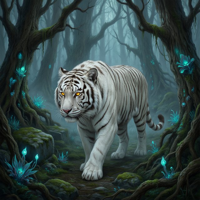 A majestic white tiger with eyes like molten gold, walking through a misty, ancient forest. Strange, bioluminescent flora casts an ethereal glow on the gnarled trees and moss-covered stones. The atmosphere is one of profound mystery and quiet solitude. Rendered in the style of detailed matte painting with a touch of dark fantasy concept art. — Qwen Image 3.0