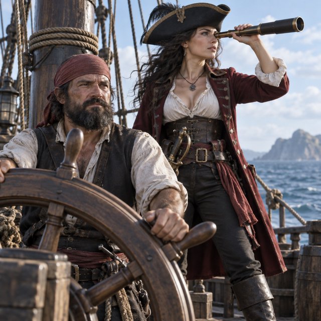 A pirate woman wearing a tricorne hat and an open coat stands behind the helmsman, scanning the horizon for danger. — GPT Image 2.5 Sunburst