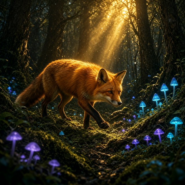 A cunning fox with fur like molten gold cautiously steps through a dense, ancient forest. Shafts of light pierce the canopy, illuminating dust motes dancing in the air. Strange, glowing mushrooms cast an otherworldly light on the moss-covered ground. The style is a blend of dark fantasy illustration and hyperrealism, with a focus on dramatic, cinematic lighting. — Grok Imagine Image 2