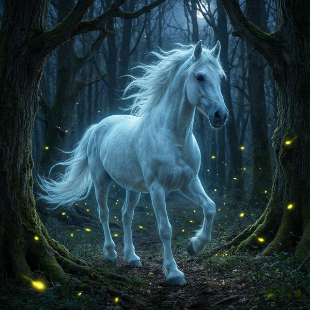 A majestic horse with a spectral mane and tail gallops through an enchanted, moonlit forest. Glimmering fireflies illuminate the path, casting an ethereal glow on ancient trees. The horse appears translucent, as if it's a phantom from another realm. The style is digital art, with surrealism and cinematic lighting to enhance the mysterious atmosphere — Qwen Image 3.0 Pro