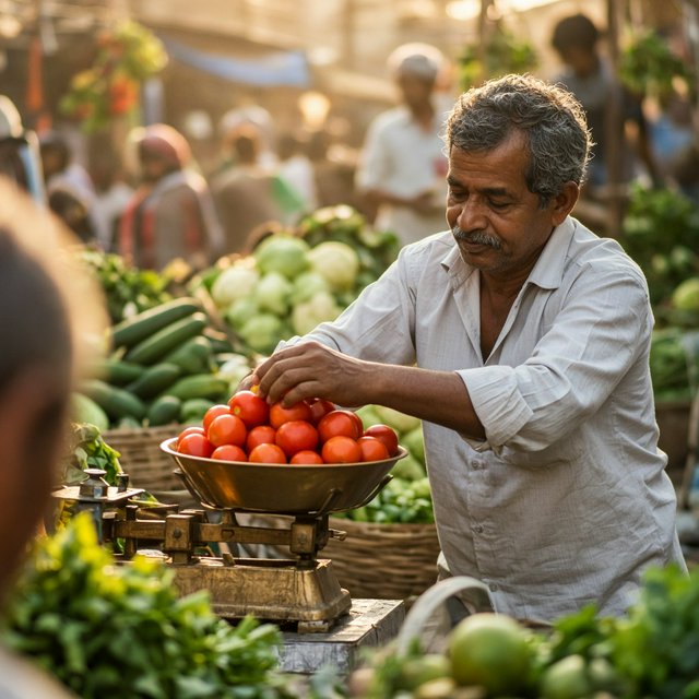 Candid street photograph of an outdoor vegetable market at golden hour, a vendor weighing tomatoes on a brass scale, shallow depth of field, 50mm lens. — Grok Imagine Image 2
