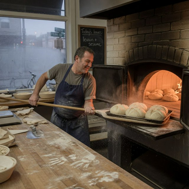Candid documentary photograph of an adult baker sliding a tray of bread into a neighborhood bakery oven, warm oven glow mixing with gray dawn window light, 35mm lens with moderate depth of field, flour dust suspended above the workbench. — Grok Imagine Image Quality
