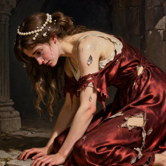 A dramatic cinematic portrait of a fallen noblewoman kneeling in a dimly lit stone chamber, wearing a disheveled dark crimson silk gown, the fabric torn and loose, revealing hints of pale skin, strong chiaroscuro lighting highlighting her silhouette and sorrowful expression, tears, messy hair adorned with broken pearls, atmosphere of despair and silence, oil painting style realism — Kling v3 Omni