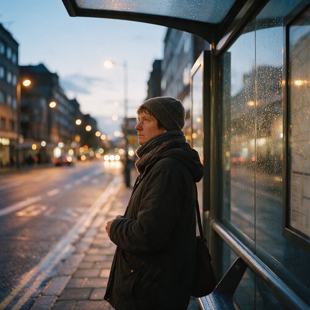 Candid documentary photograph of an adult waiting beside a city bus shelter at dawn, sodium streetlights fading into cool blue daylight, 50mm lens with shallow depth of field, fine rain droplets clinging to the shelter glass. — Seedream 5.0 Pro