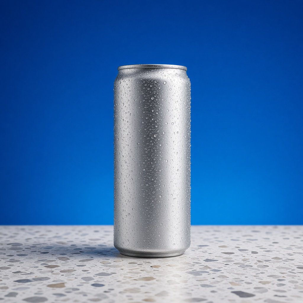 A slim, unbranded sparkling-water can of brushed aluminum, beaded with condensation, stands on a pale terrazzo surface against a seamless electric-blue background; broad overhead diffusion and a crisp side strip create clean highlights, with no lettering or graphics. — Grok Imagine Image 2