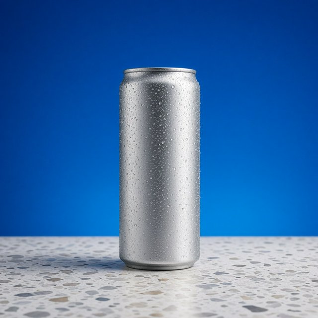 A slim, unbranded sparkling-water can of brushed aluminum, beaded with condensation, stands on a pale terrazzo surface against a seamless electric-blue background; broad overhead diffusion and a crisp side strip create clean highlights, with no lettering or graphics. — Grok Imagine Image 2