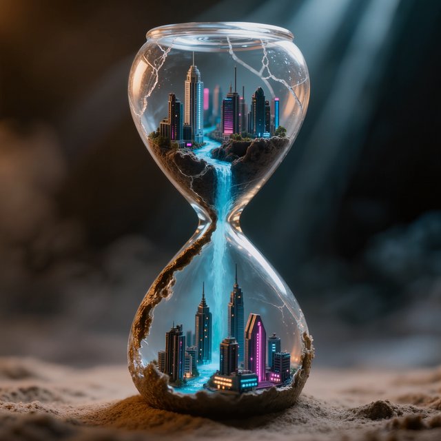 A macro close-up of a miniature glowing cyberpunk city built entirely inside a hollow cracked hourglass, tiny illuminated skyscrapers, flowing neon waterfalls, volumetric light rays piercing through sand, dark moody cinematic lighting, photorealistic depth of field — Kling v3