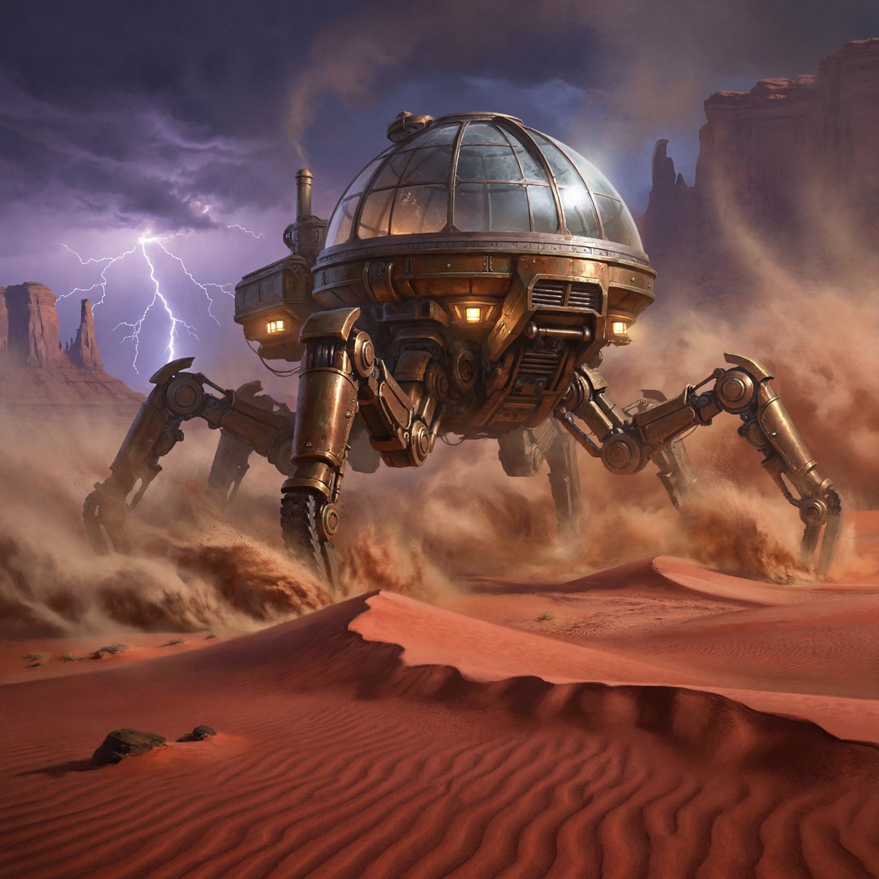 A colossal brass desert crawler carries an observatory dome across red dunes, its articulated legs striding through a sandstorm. Warm lamps glow beneath the hull while distant mesas fade into violet dusk and lightning illuminates the horizon. — ImagineArt 2