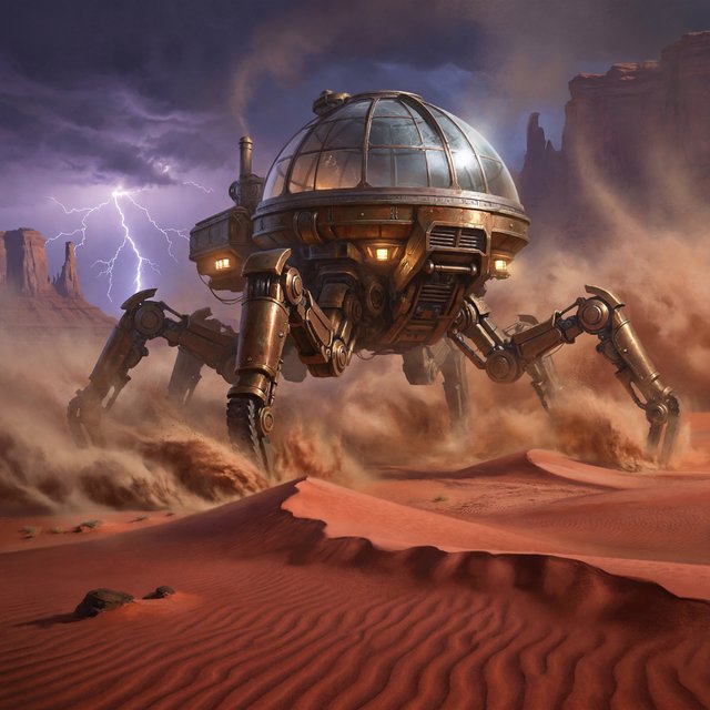 A colossal brass desert crawler carries an observatory dome across red dunes, its articulated legs striding through a sandstorm. Warm lamps glow beneath the hull while distant mesas fade into violet dusk and lightning illuminates the horizon. — ImagineArt 2