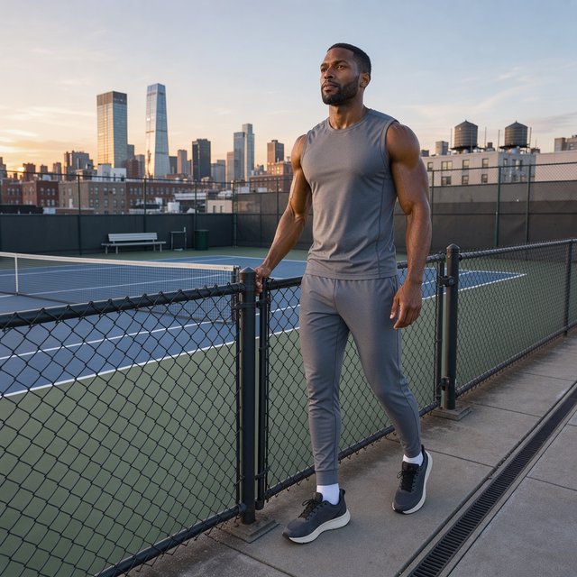 Editorial glamour photograph of an adult man in a slate-gray fitness set, pausing naturally beside a rooftop tennis court at sunrise, soft flattering light catching his focused expression and the city skyline beyond. — FLUX 3 Image