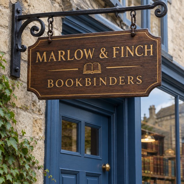 A hanging wooden shop sign that reads "MARLOW & FINCH — BOOKBINDERS" in gold serif letters, carved, above a blue door. — GPT Image 2.5 Flare