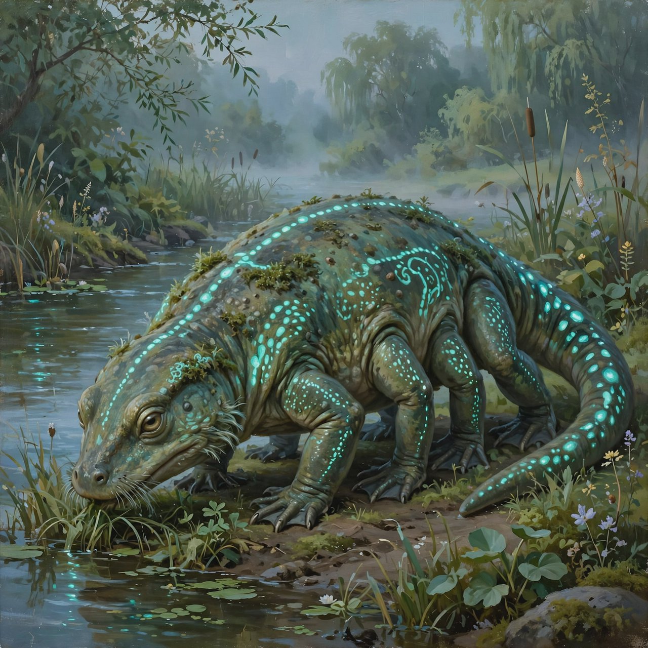 Creature design: a six-legged amphibious grazer with bioluminescent markings, shown on a riverbank, painterly. — Muse Image 1.0