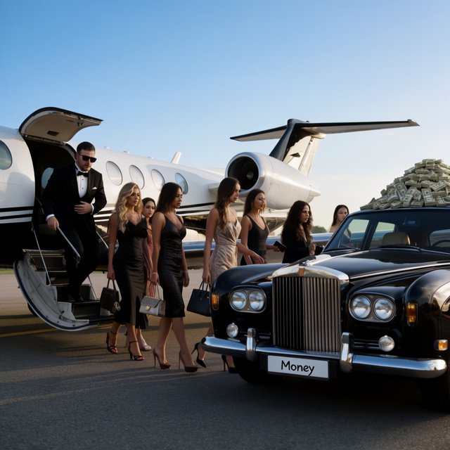 A man dressed in very nice formal clothes is getting off a private black-and-white plane. Many beautiful adult women in dresses are following the man. The man is heading toward a very high-end classic black car. The word "Money" is on the car's license plate. On top of the car is a ton of money. It is the afternoon. The vibe is cool and rich. — Krea 2 Large