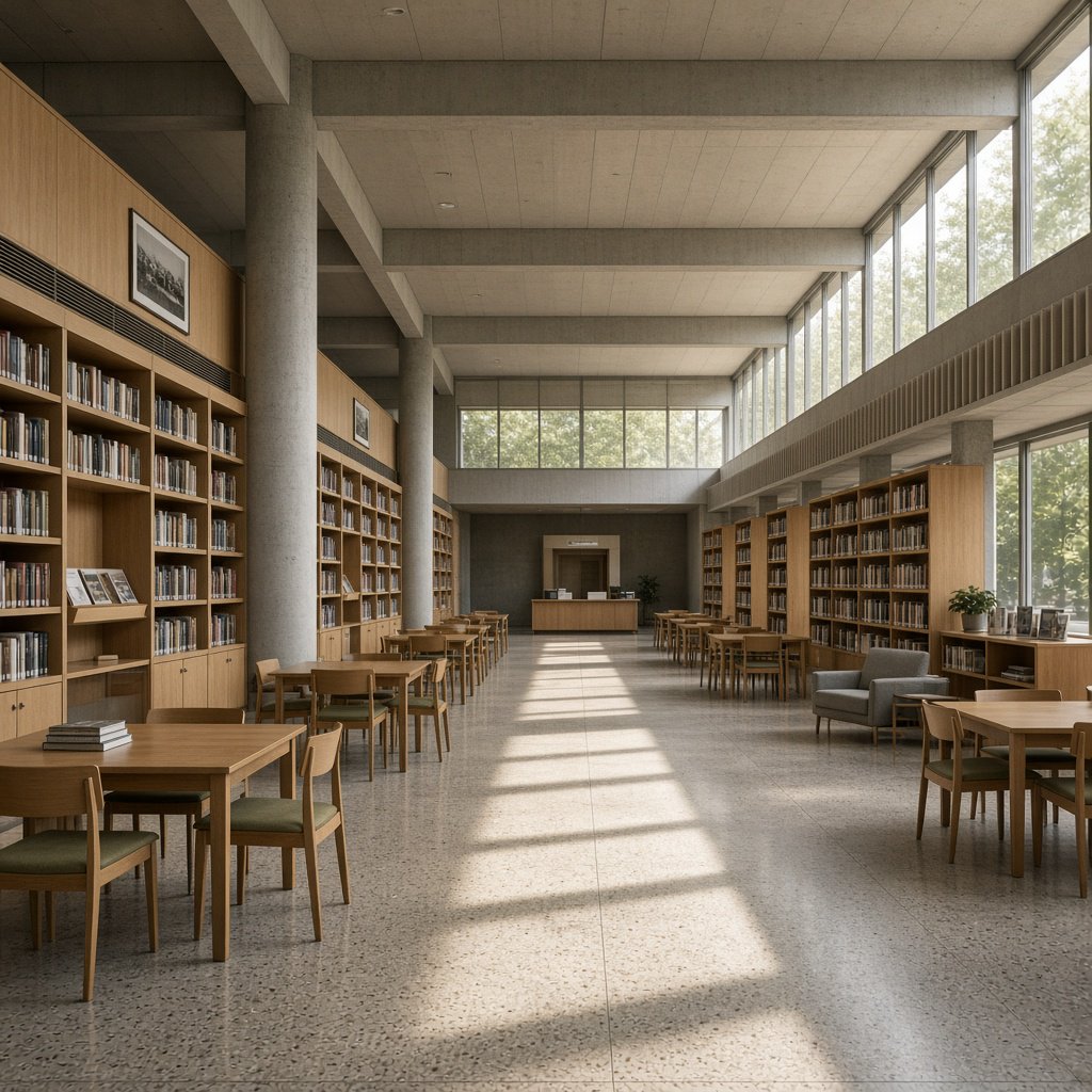 Interior of a mid-century modernist public library, with pale oak shelving, exposed concrete columns, terrazzo flooring, and a broad clerestory. Diffuse morning light crosses the reading hall, viewed from the entrance down its central aisle, with precise lines and plausible structure. — Grok Imagine Image 2