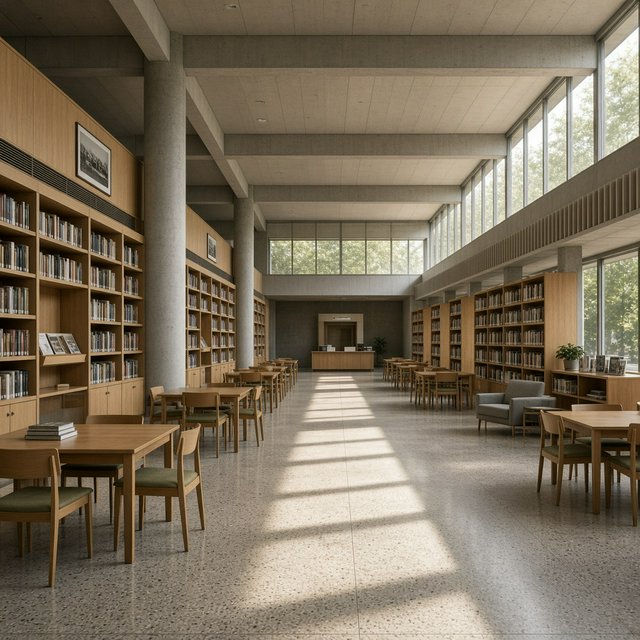 Interior of a mid-century modernist public library, with pale oak shelving, exposed concrete columns, terrazzo flooring, and a broad clerestory. Diffuse morning light crosses the reading hall, viewed from the entrance down its central aisle, with precise lines and plausible structure. — Grok Imagine Image 2