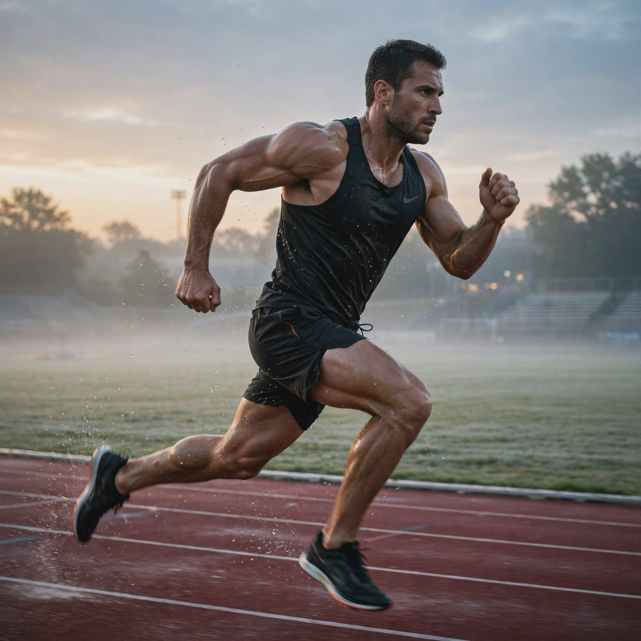 Adult male athlete in running shorts and a tank top mid-sprint on an outdoor track at dawn, muscles defined, motion captured sharply. — Muse Image 1.0