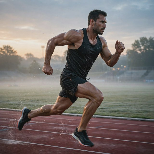 Adult male athlete in running shorts and a tank top mid-sprint on an outdoor track at dawn, muscles defined, motion captured sharply. — Muse Image 1.0
