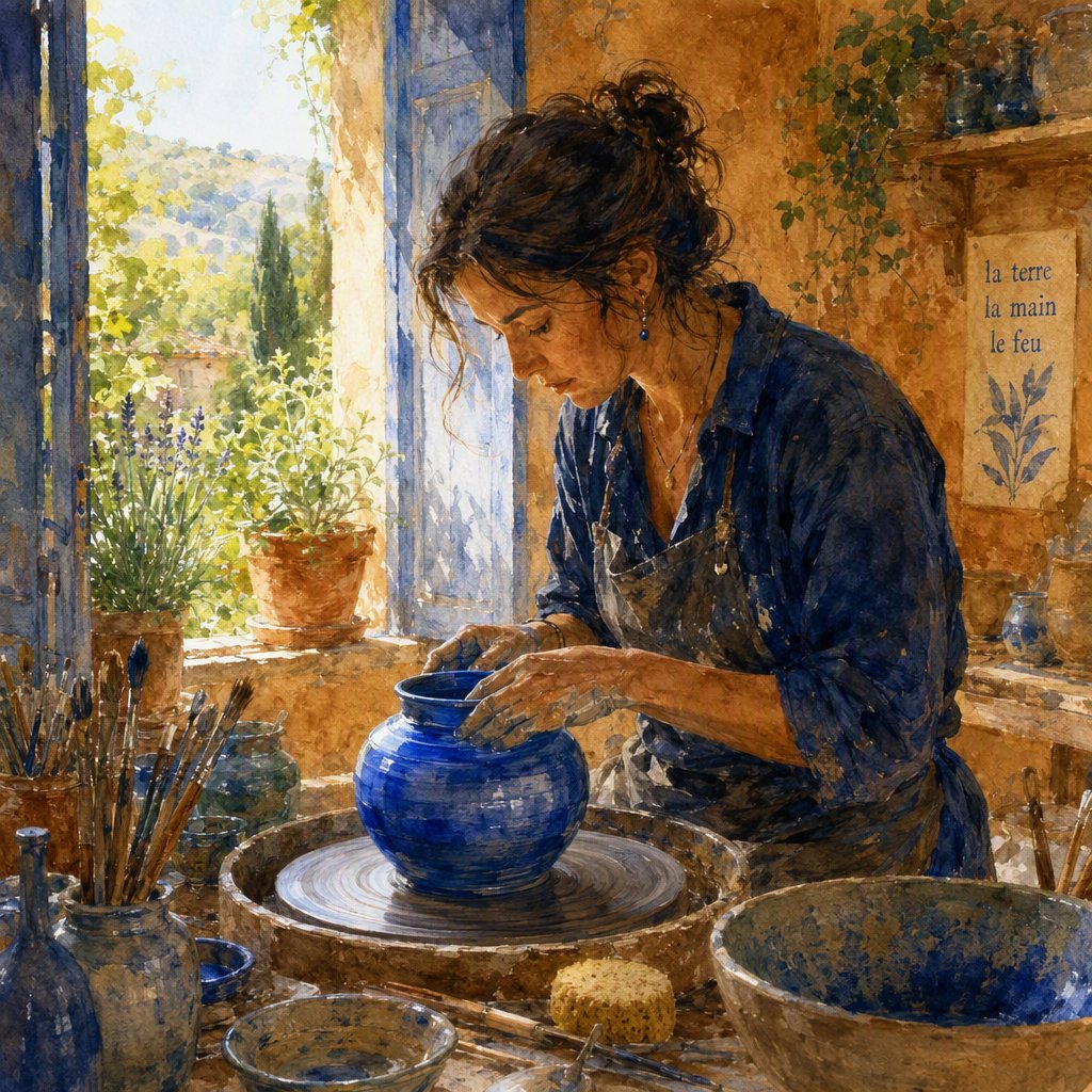 Watercolour illustration of an adult ceramicist shaping a luminous blue vessel beside an open workshop window, surrounded by clay tools, potted herbs, and sunlit terracotta walls. Palette of cobalt, ochre, sage, and cream, with soft flowing brushwork. — GPT Image 2