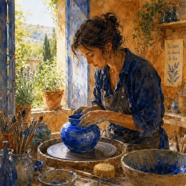Watercolour illustration of an adult ceramicist shaping a luminous blue vessel beside an open workshop window, surrounded by clay tools, potted herbs, and sunlit terracotta walls. Palette of cobalt, ochre, sage, and cream, with soft flowing brushwork. — GPT Image 2