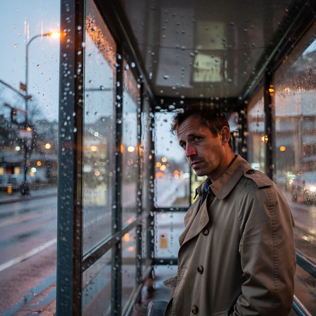 Candid documentary photograph of an adult waiting beside a city bus shelter at dawn, sodium streetlights fading into cool blue daylight, 50mm lens with shallow depth of field, fine rain droplets clinging to the shelter glass. — ImagineArt 2