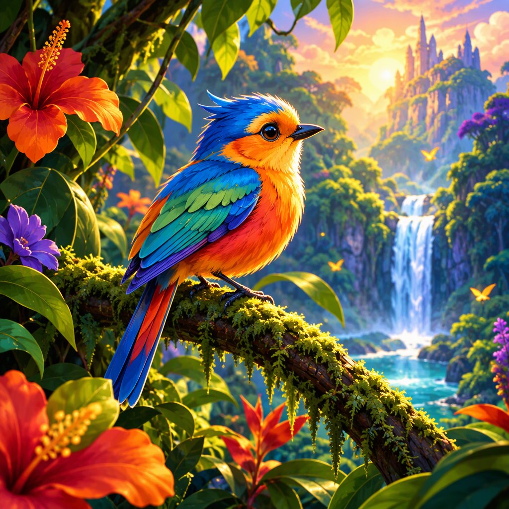 Create a vibrant digital artwork with clean lines depicting a small, colorful bird in the jungle. Combine rich, warm tones—such as soft orange, bold red, and dynamic yellow—with cool colors like brilliant blue, emerald green, and radiant violet. The atmosphere should feel fairytale-like, enhanced by striking lighting that underscores the scene's magic. Use bright, bold colors harmoniously to create a balanced composition. The overall style should be imaginative and captivating, transporting the viewer to another world. — GPT Image 2.5 Flare
