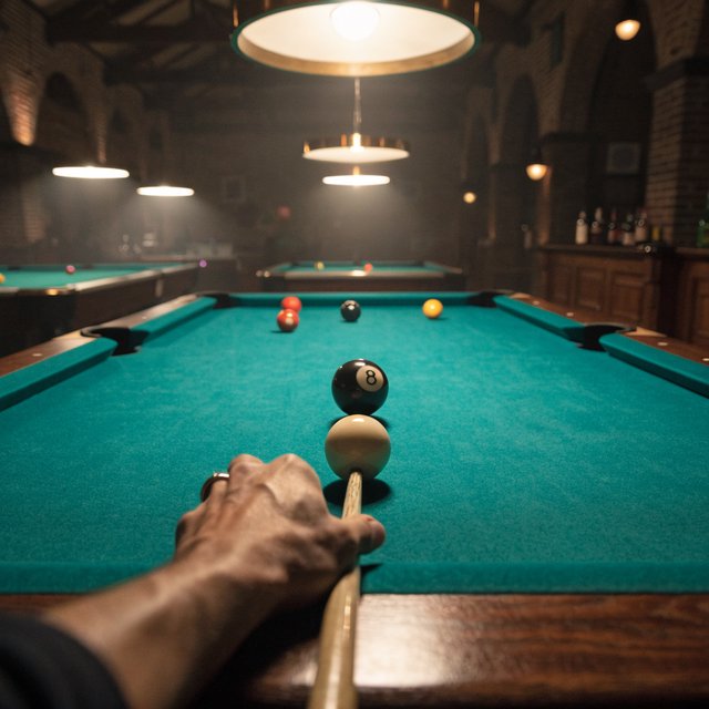 First-person perspective of an adult pool player’s left hand holding the cue, aiming the white cue ball at the black 8-ball and intending to pocket it in the center pocket. — Recraft v4
