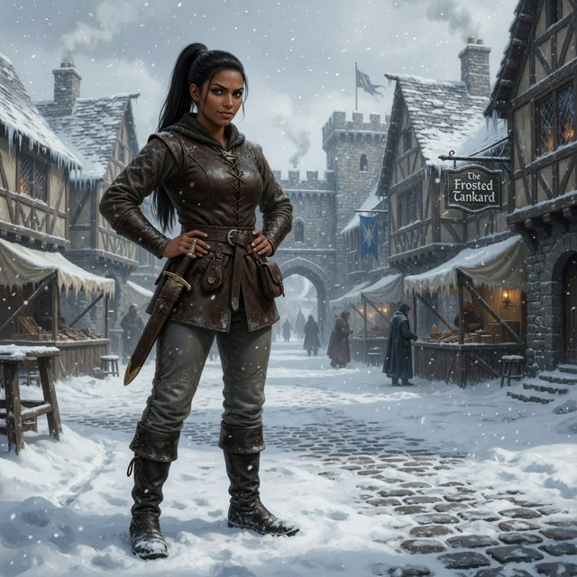 An eighteen-year-old woman. She has long straight black hair tied up, brown eyes, and dark skin. She is wearing a dark leather tunic, grey leather pants, and leather boots. She has a sheathed dagger on her hip, standing with her hands on her hips and looking at the viewer. She is standing in a snowy medieval city. — Model 6
