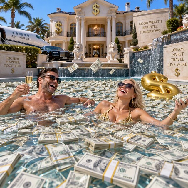 A wealthy adult couple swimming in a huge pool full of money, near a huge mansion with dollar signs on it, with a fun, happy vibe. — GPT Image 2.5 Sunburst