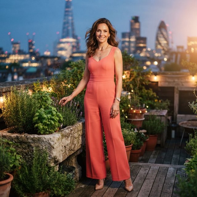 Editorial glamour photograph of an adult woman in a tailored coral evening jumpsuit on a rooftop herb garden at blue hour, resting one hand on a stone planter, flattering sunset glow, relaxed expression, city lights softly blurred behind her. — Nano Banana 2 Lite