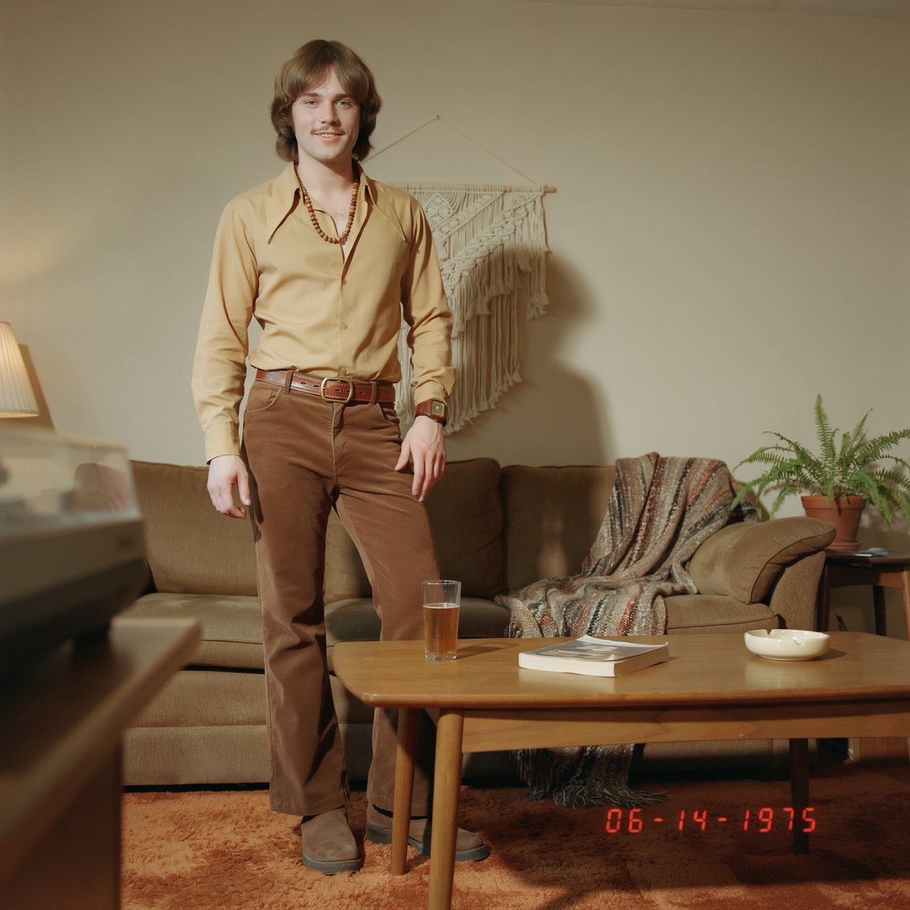 Create an image of a man in the quintessential style of 1975. Style his hair, clothing, accessories, and surroundings to reflect the distinctive look of the mid-1970s—featuring bold silhouettes, eye-catching accessories, layered details, and characteristic colors and textures. Give the image the feel of an authentic 1975 photograph, complete with analog film grain, faded colors, direct flash lighting, and a slight soft-focus effect. Add a period-accurate, red-orange date stamp in a 1970s style in one of the bottom corners. No recognizable posters. No modern objects or text. — Ideogram v4