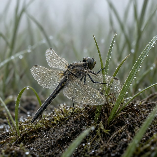 On a peaty marsh edge, a dragonfly rests among sedges after a light morning shower; dew beads on its veined wings and granular mud, while reed stems soften into pale fog behind it. — Grok Imagine Image 2
