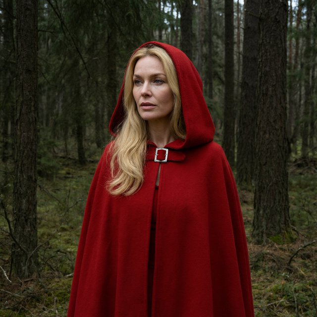 Medium shot at eye level: 1960s vintage film aesthetic. An adult woman with long, blonde hair walks alone through a dark forest. She wears a red hooded cloak, with the hood pulled up and fastened at the neck by a silver buckle. Photorealistic 1960s Technicolor film grain; soft, shallow depth of field. — Qwen Image 3.0 Pro