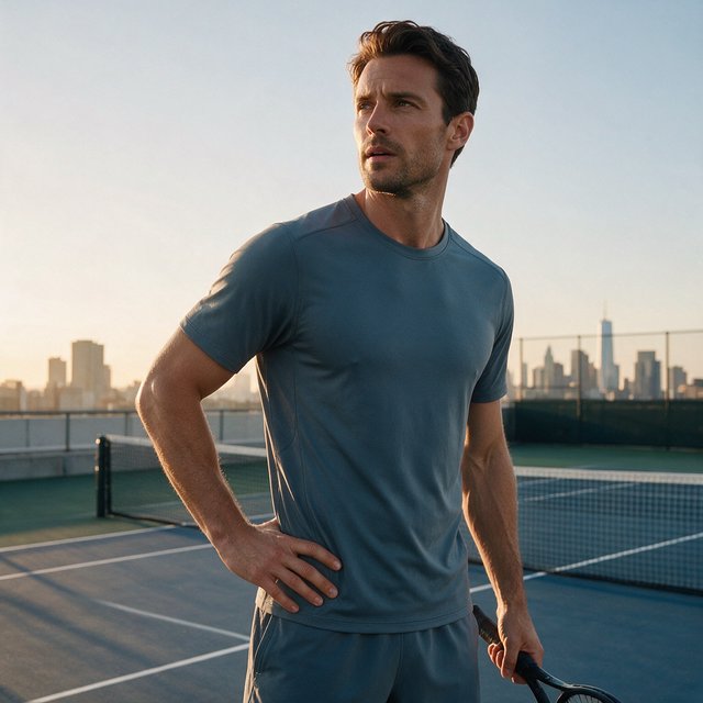 Editorial glamour photograph of an adult man in a slate-gray fitness set, pausing naturally beside a rooftop tennis court at sunrise, soft flattering light catching his focused expression and the city skyline beyond. — Seedream 5.0 Pro