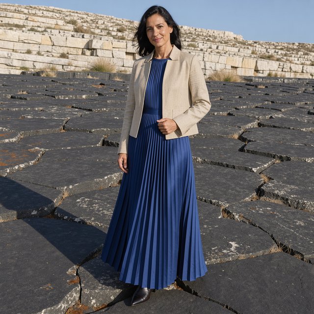 Across a basalt terrace, an adult woman in her early forties poses in a full-length fashion photograph, wearing a pleated indigo silk dress and cropped linen jacket, her composed half-smile lit by hard afternoon sunlight from one side against a pale limestone ridge. — FLUX 3 Image