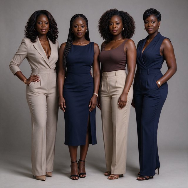 Realistic image of four women standing near each other. All are wearing fitted outfits. All are slim but still curvy Black women. Each woman has a unique, pretty face, and they all look different from one another. Full-body image. Plain background. — Model 17