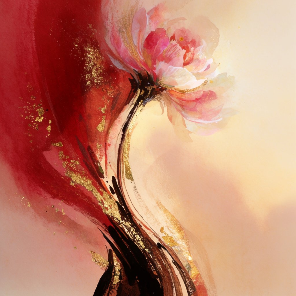 Gently sweeping forms emerge from long, subtle color transitions and soft contours. Bold ink strokes create resilient, confident edges that taper and densify in response to pressure. Raised, polished gold captures directional light in warm, metallic flashes. Luminous, rim-lit gradients blend wet-on-wet into floating patches of color, while a restrained palette of warm ochre, ivory, and deep crimson creates radiant, painterly highlights against a soft, atmospheric background. A flower in the summer wind. — Krea 2 Large