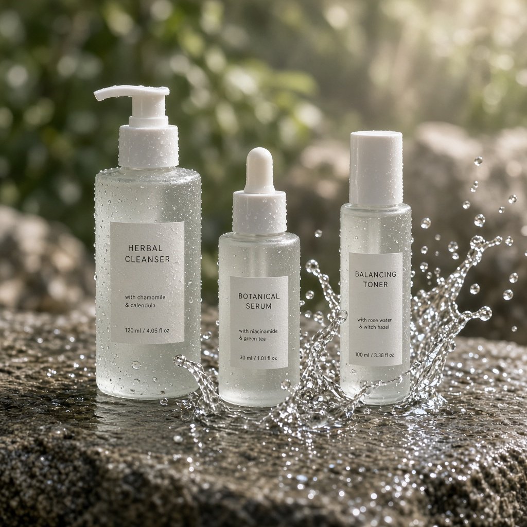 Three frosted glass skincare bottles on a wet stone surface with a splash of water, morning light, shallow depth of field. — Grok Imagine Image 2