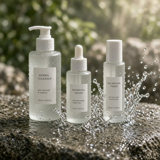 Three frosted glass skincare bottles on a wet stone surface with a splash of water, morning light, shallow depth of field. — Grok Imagine Image 2