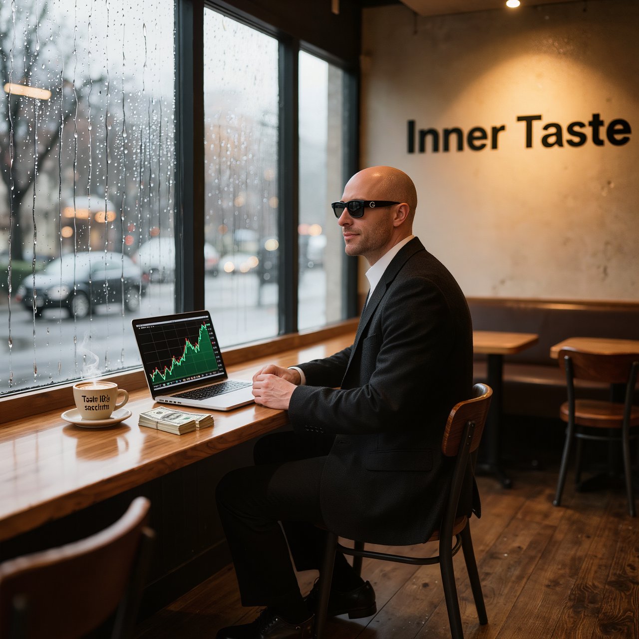Realistic, a man wearing a black suit and cool shades with the word “G” on them, sitting near a table in a friendly coffee shop with the words “Inner Taste” displayed in the shop, coffee on the table, a coffee cup with the words “Taste like success,” a stack of money on the table, a high-end laptop displaying a successful trade, and rain pouring outside. The vibe is calm and chill. — Kling v3