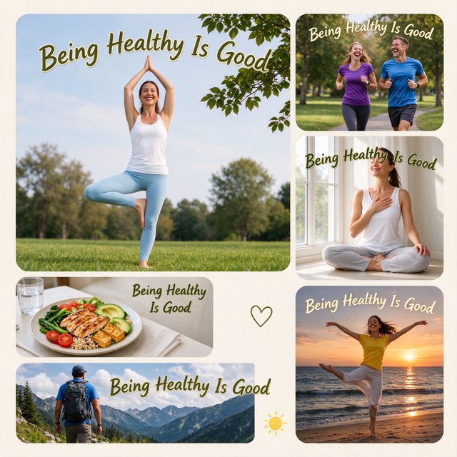 An image relating to good health and happiness. The words “Being Healthy Is Good” appear in the background at least a couple of times. 4–7 moments. — Seedream 5.0 Flash