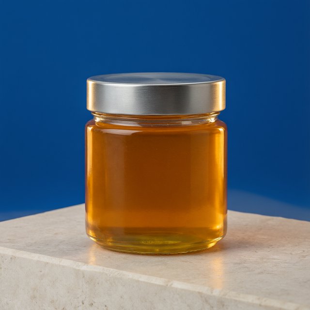 A squat unbranded honey jar with clear glass walls and a plain brushed-aluminum lid rests on honed pale limestone; broad diffused key light and warm rim light shape the commercial product image against a seamless cobalt-blue background, with no lettering. — Model 17